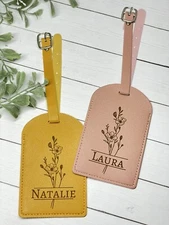 Personalized Leather luggage tags: Engraved Cosmo Flowers with name - Gift