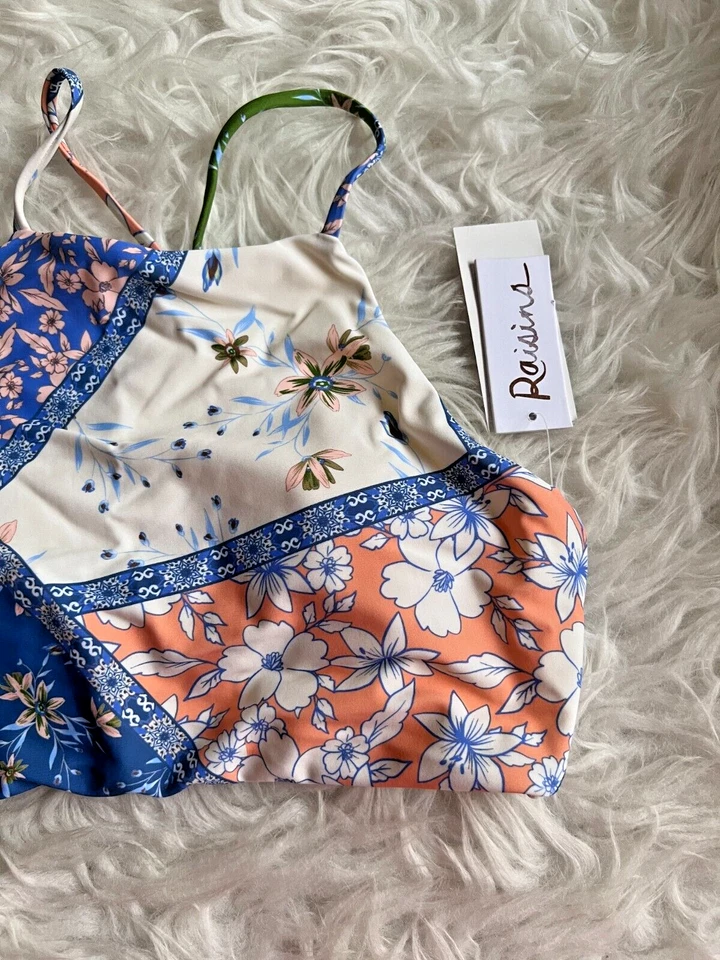 Juniors S Small Bikini Top Blue Floral Crisscross Bralette Swimwear  - Image 2 of 4