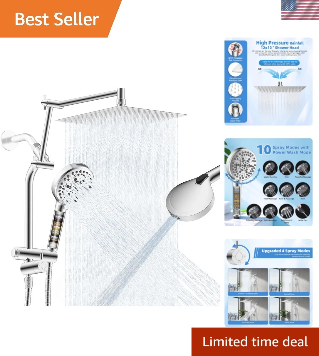 12" Metal Rain Shower Head, High-Pressure Showerhead Combo, 10-mode Filtered ...
