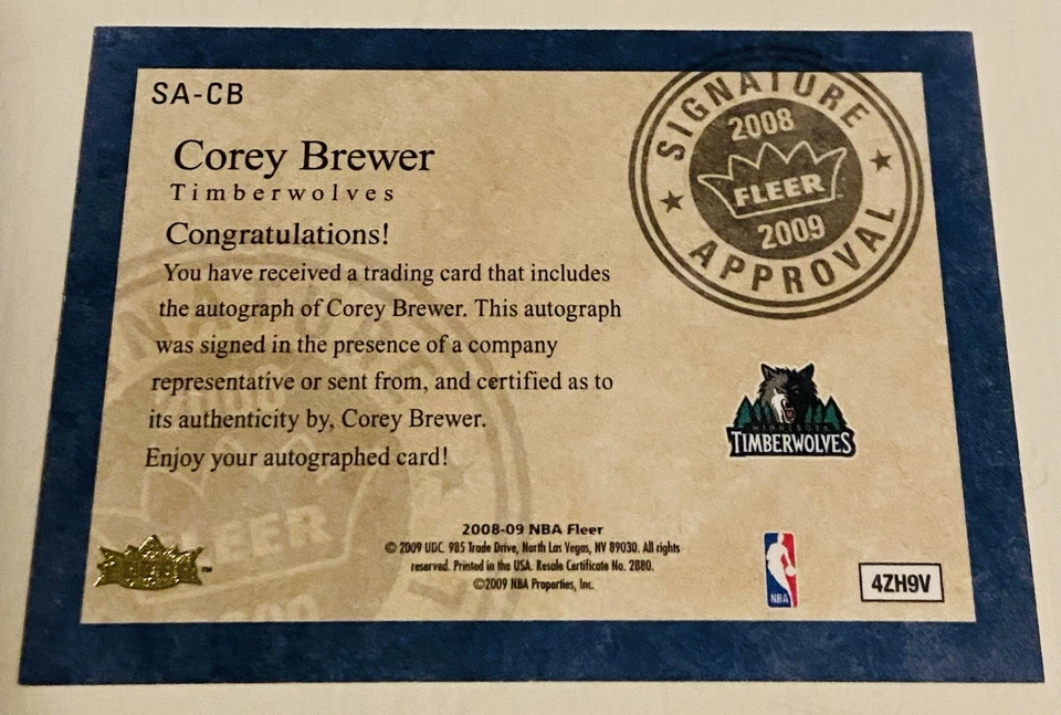 Corey Brewer 2008-09 Fleer NBA Signature Approval Auto 🏀🔥✍️ Foto 3 de 3