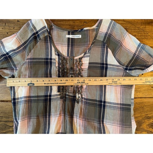 Maurices Button Front Ruffle Plaid Green Pink Women's Size 1X Elastic Waist - Picture 6 of 12