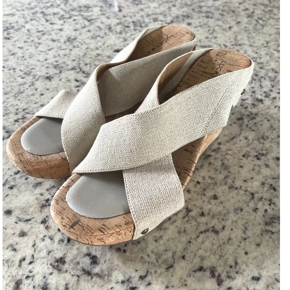 Sandalias de cuña Lucky Brand Mykayla beige corcho plataforma correas cruzadas 9M Foto 3 de 4