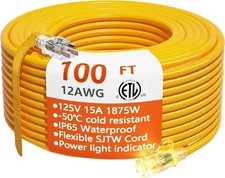12/3 Gauge Heavy Duty Outdoor Extension Cord 100 ft Waterproof with Lighted end