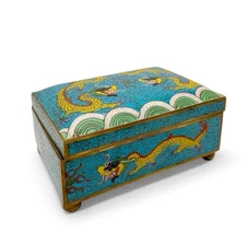 Vintage Chinese Dragons Aqua Yellow Cloisonné Enamel Jewelry Trinket Box