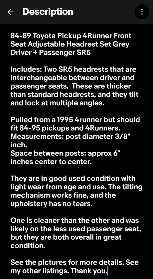 84-95 Toyota Pickup 4runner Front Seat Headrest Set Grey Driver + Passenger SR5 - Image 2 of 4