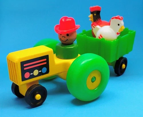 Vintage Fisher Price Little People Wooden AA Farmer Tractor Cart Trailer Chicken