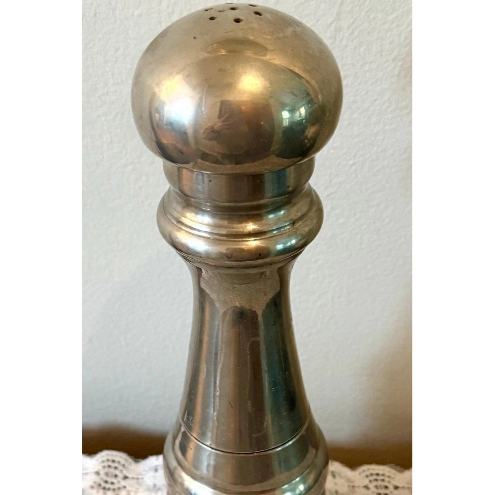 Vintage Tre Spade pewter over wood pepper mill grinder with salt shaker top