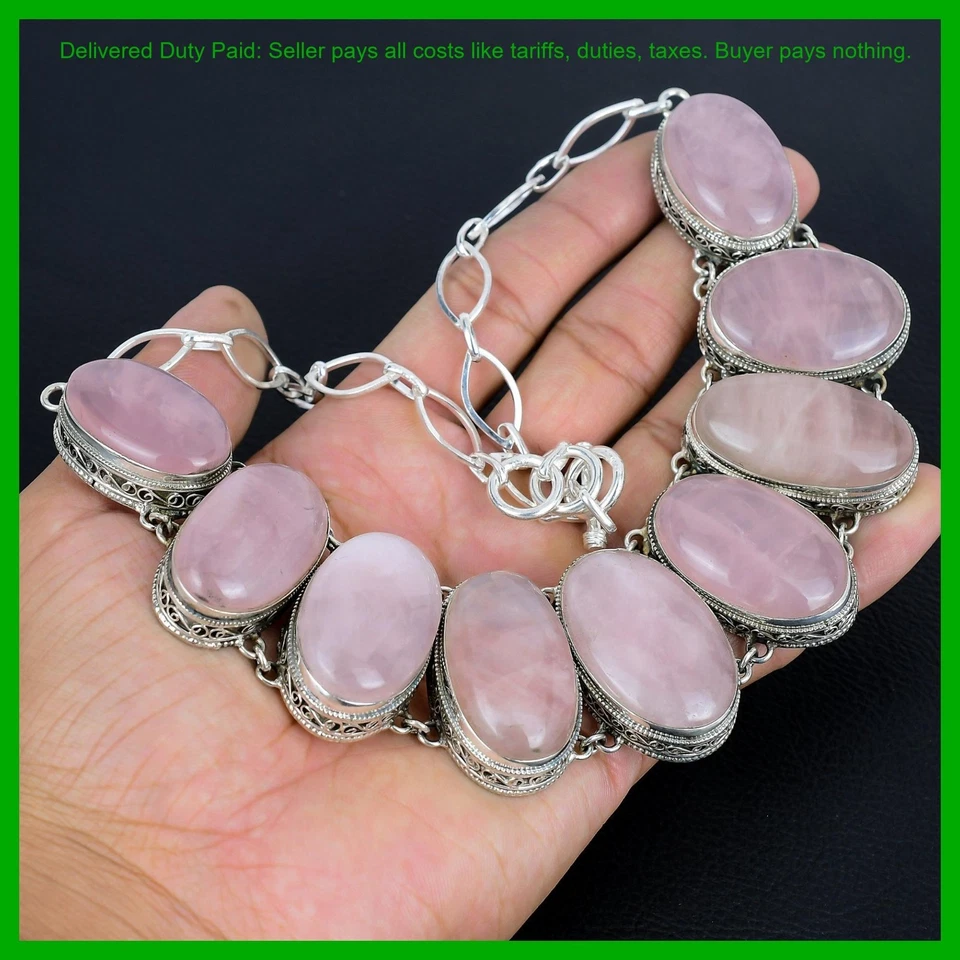 Rose Quartz Gemstone Sterling Silver Vintage Wedding Gift Chain Necklace Jewelry - Image 4 of 4