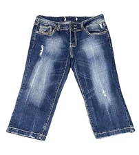 Vigoss Jeans Women's 9 Capri Distressed Thick Stitch Whiskered Denim Rodeo 30x18
