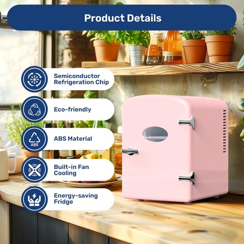 6L Portable Mini Fridge with Observation Window Warmer and Cooler 9 Cans Pink - Picture 3 of 8