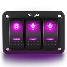 Nilight 3 Gang Aluminum Rocker Switch Panel 5 Pin ON Off Purple Toggle Switch