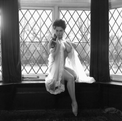 1960s Busty pinup posing in silk on window sill  8 x 10 Photograph