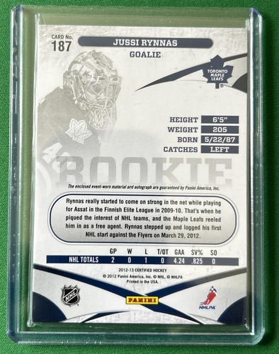Jussi Rynnas, 2012-13 Panini Silver Certified Jersey Autograph Rookie #204/499 - Picture 2 of 2