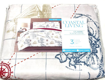 New King Duvet Cover LightWeight 3P Set Navigator Marine Nautical Map Navy Red