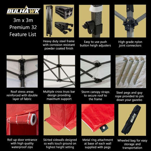 BULHAWK® 3x3m COMMERCIAL GRADE HEAVY DUTY POP UP GAZEBO MARKET STALL MARQUEE - Picture 32 of 82