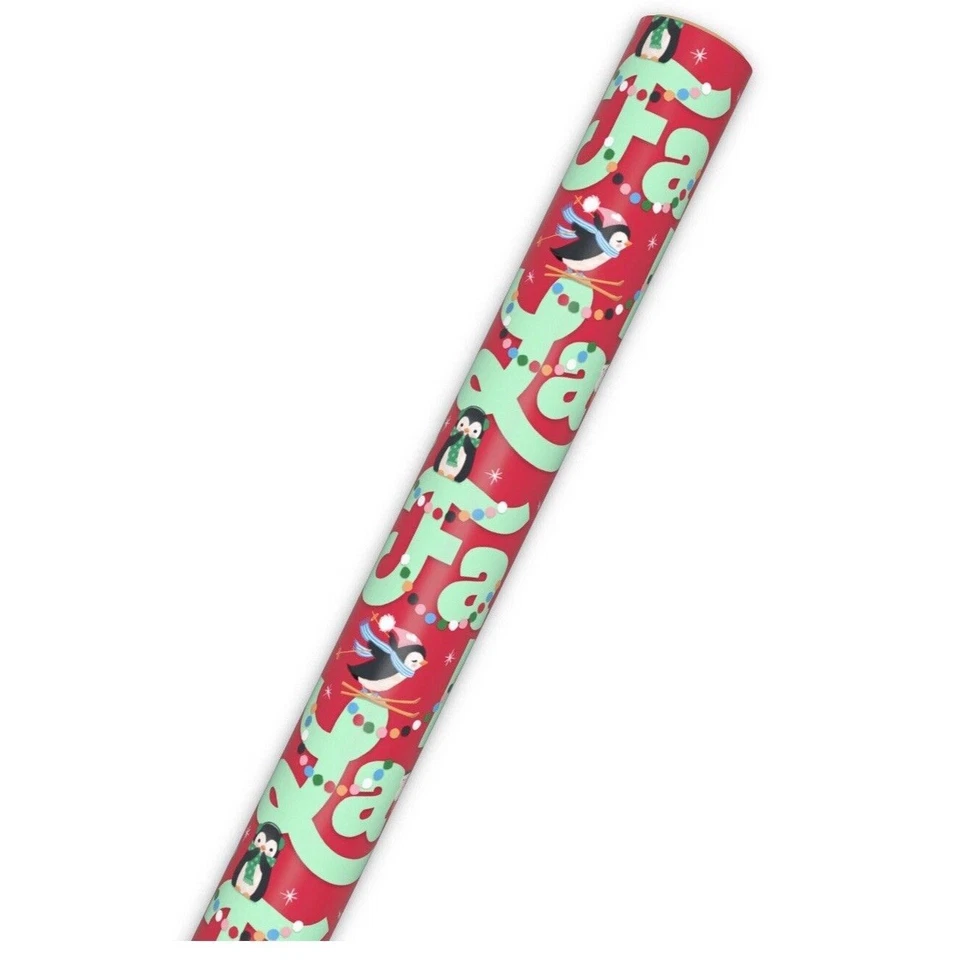 Hallmark Wrapping Paper Christmas Penguins Fa La La Red 35 sq ft Roll Holiday - Image 4 of 4