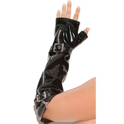 Vinyl Fingerless Gloves Buckles Zipper Closure Elbow Length Shiny Black V9431