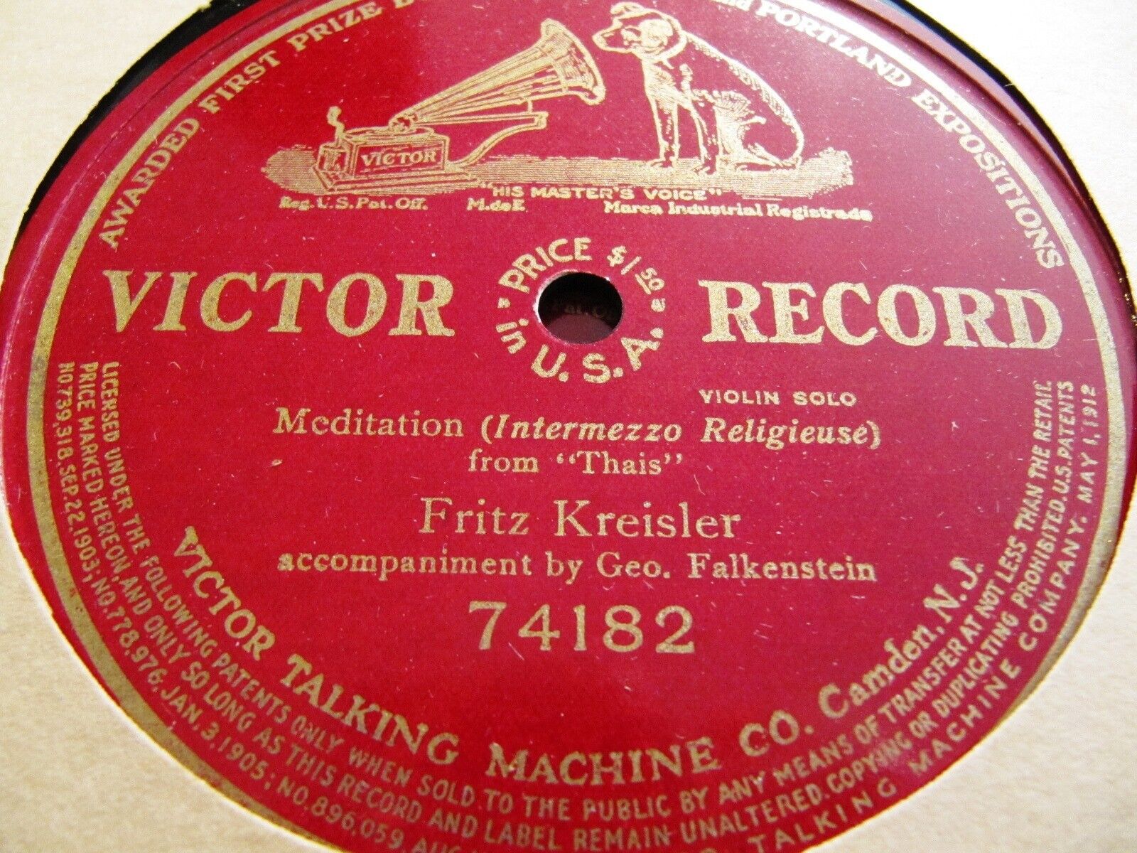 1910 FRITZ KREISLER Violin 1st TK THAIS Intermezzo Religieuse MEDITATION 74182 x