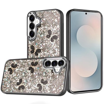 For Samsung S26 6.3'' Case Full Glitter Flakes Cute Butterflies + Tempered Glass