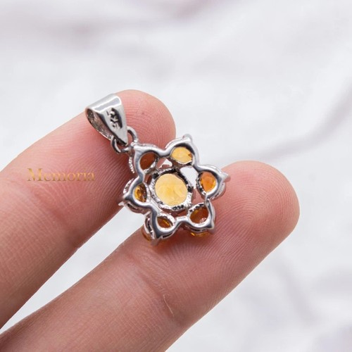 Natural Citrine Flower Gemstone Pendant 925 Sterling Silver Handmade Jewelry - Picture 5 of 8