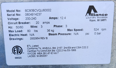 back numberサイン SPEED QUEEN COIN-OP FRONT LOAD WASHER MODEL SC80BCVQU60002 SN