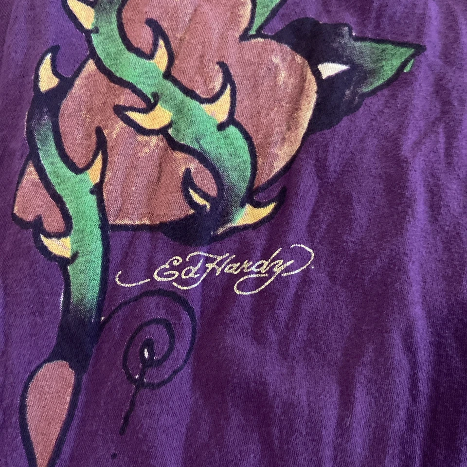 Женская футболка FLAW Ed Hardy Flower Plum размер XS сделано в США Y2K винтаж - Изображение 3 из 4