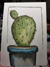 ACEO Art Card Original Hand-painted Watercolor Painting, Potted Cacti
