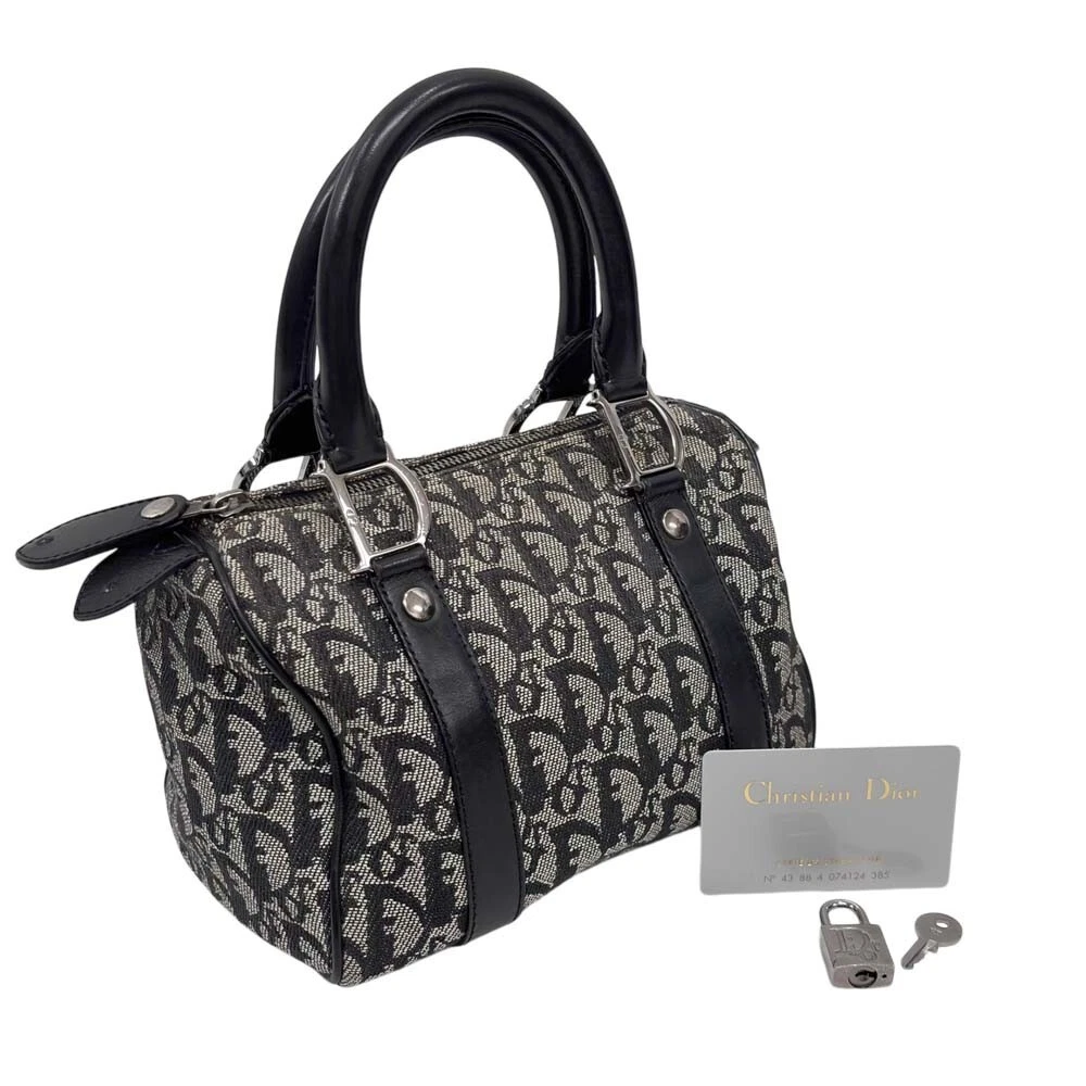 Mini sac Boston Christian Dior motif trotteur bleu marine toile cuir quincaillerie D