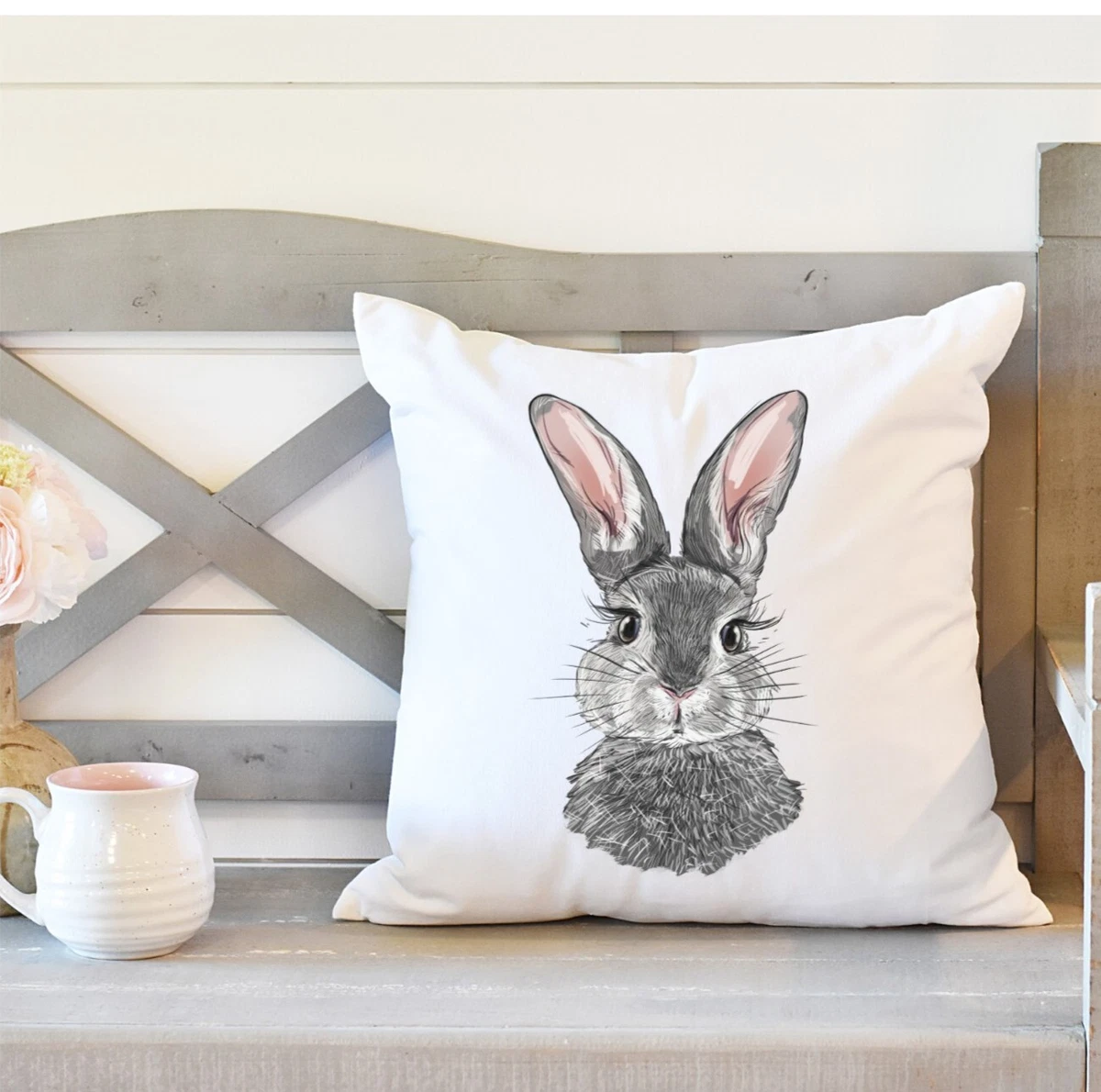 Easter Pillow Cover, 16x16 inches, Gray Easter Bunny, Indoor or Outdoor,  Spring