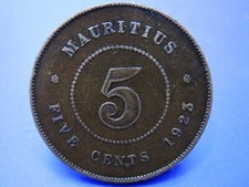 MAURITUS 5 CENTS COIN 1923   / SNIFF'S  ANCIENT COINS T-4/5