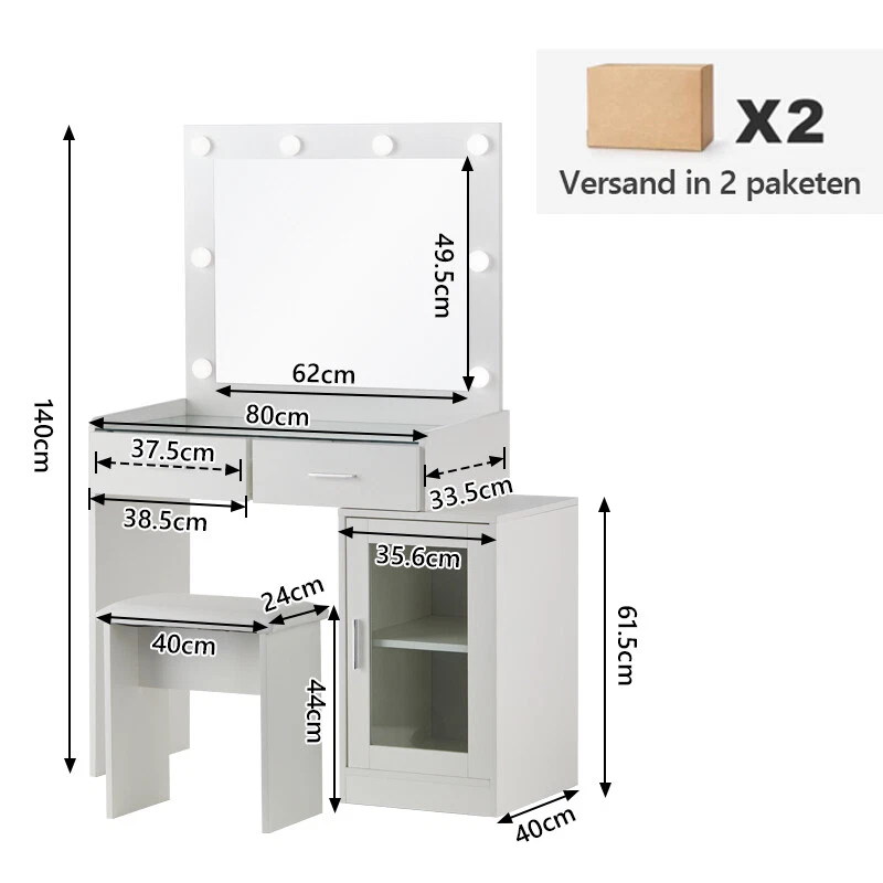 Dressing Table With Drawers Mirror Stool Set Makeup Desk Vanity Table Bedroom - Image 3 of 4
