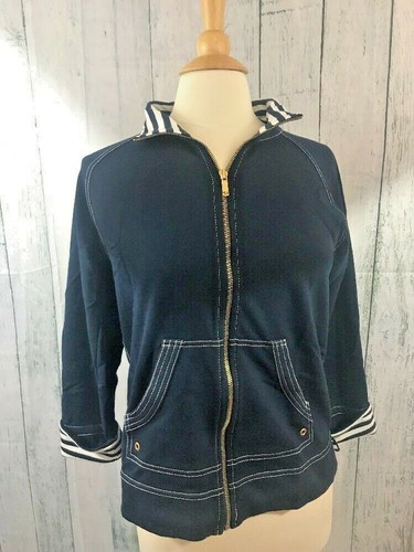 Anne Klein Sport Womens Nautical Jacket Size Medium Navy Blue White Stripes - Picture 2 of 12