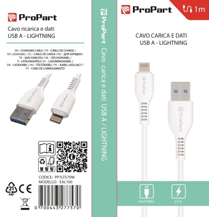 Cavi Connettività Cavo Lightning Apple 5V 2.4A 1mt Carica e dati Bianco