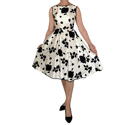 Unique Custom Made 100% Silk Cocktail Party Dress One of a Kind White Black Rose