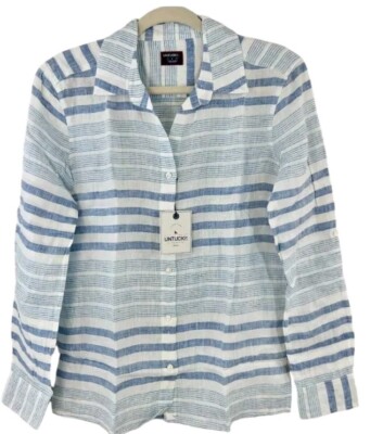 Untuckit Vietti Shirt Womens 14 Linen Long Sleeve Button Up Tunic Striped Beach