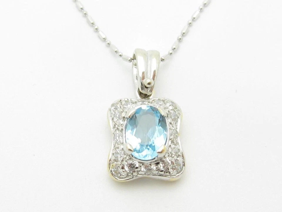 14k White Gold & Diamonds Blue Topaz Halo Design Pave Pendant Necklace 20" Chain