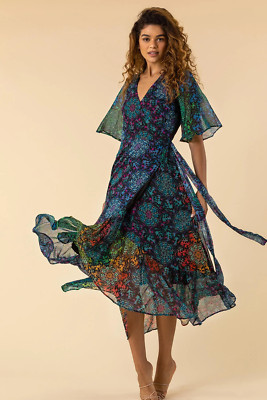 Roman size 16 Multi Abstract Print Maxi Wrap Dress Chiffon. Wedding Party.