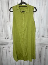 WOMENS CP SHADES LIME GREEN 100% LINEN BUTTON UP AIRY SLEEVELESS SHIRT DRESS XS