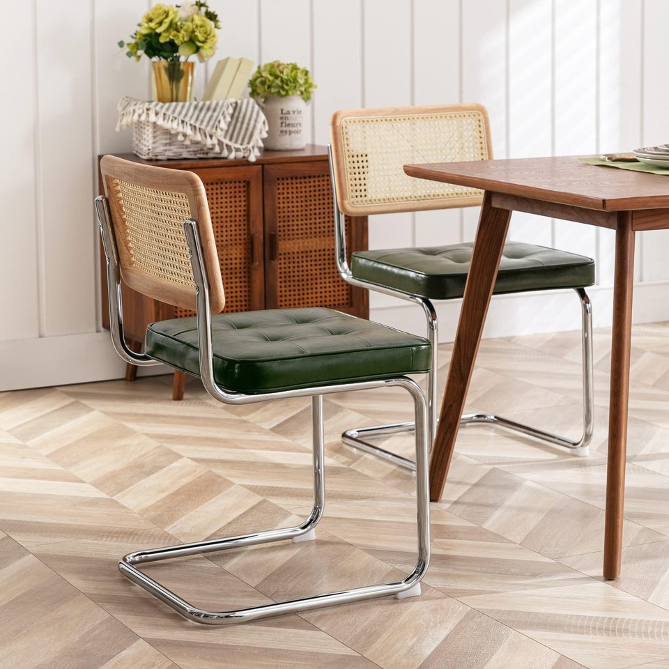 ONEVOG 2 PCS Dining Chair Rattan Dinner Chairs, Upholstered Green Chair