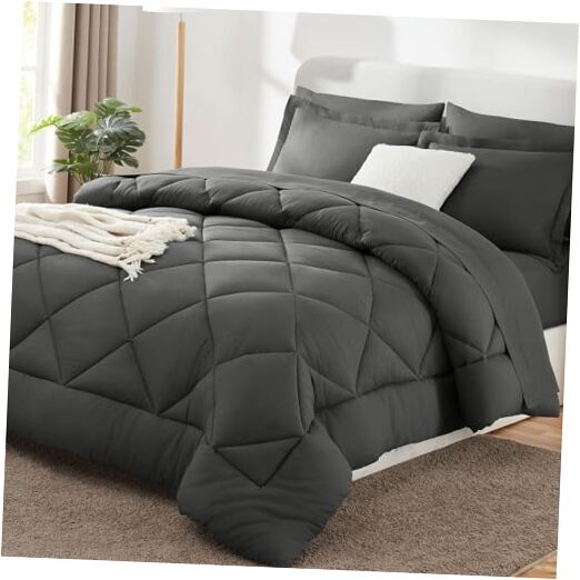 Bed in a Bag 7-Pieces Comforter Sets with Comforter and Sheets Queen Dark Grey