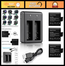 3 x 1050mAh Rechargeable Action Camera Batteries USB Dual Charger - Compatible
