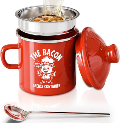 PGYARD Mini Bacon Grease Saver with Strainer - 15OZ Enamel Grease Container, Far