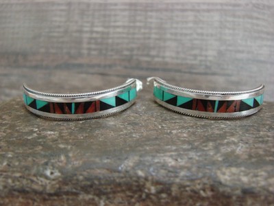 Native American Sterling Silver Multi Stone Inlay Half Hoop Post Earrings by Wea