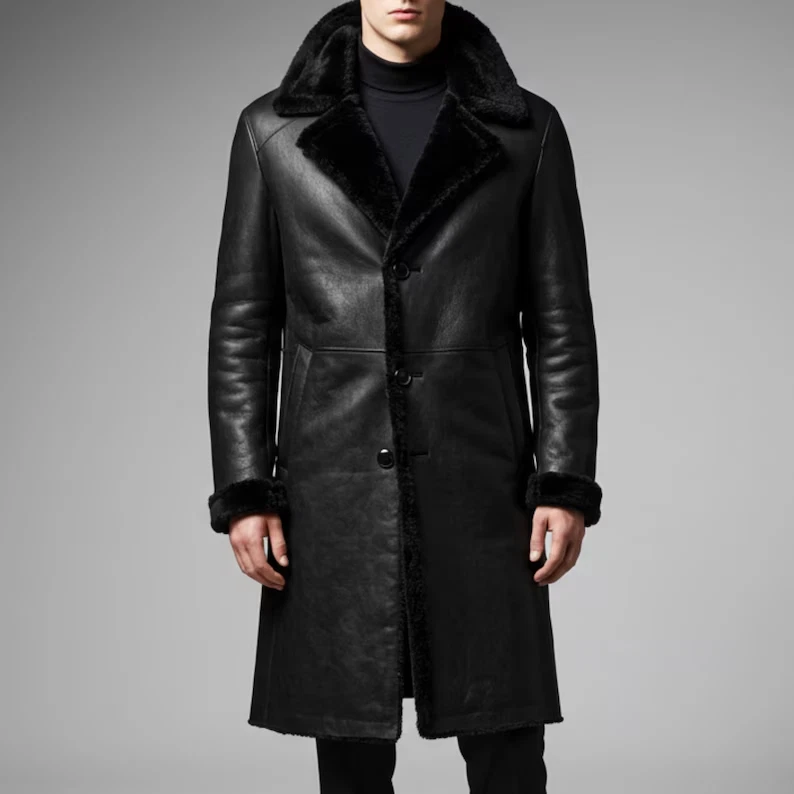 Men’s Genuine Sheep Leather Trench Coat Real Lamb Leather Fur Lined Long Coat