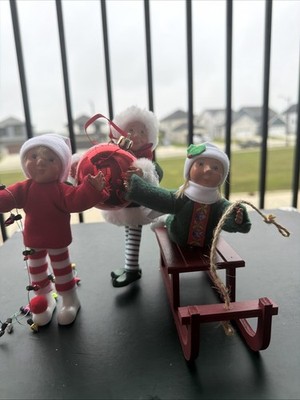 Byers  Choice Kindles Elves Set Of 3 Lights Sled Ornament