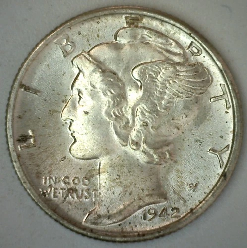 1942 S Mercury Silver Dime 10c Coin San Francisco Uncirculated Spotted
