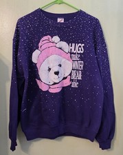Vtg 90s Teddy Bear Crewneck Sweatshirt Purple Jerzee "Hugs Make Winter BEARable"