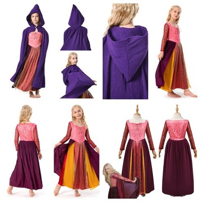 Gilr Hocus Pocus 2 Sarah Sanderson Cosplay Dress+Cape Halloween Outfits