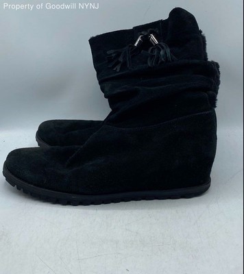 Stuart Weitzman Women's Black Suede Fur Lined Ankle Boots Tassel Size 8.5 M