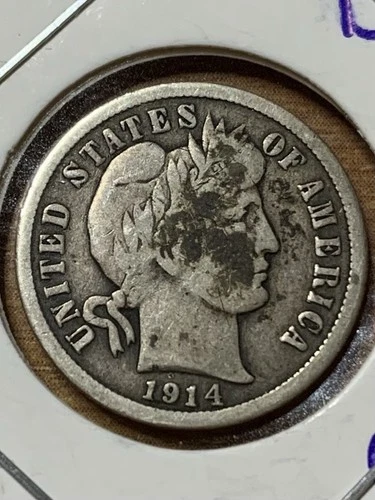 1914-D Barber Dime 90% Silver Very Good Wreath/Rim Circulated Details *Oxidation